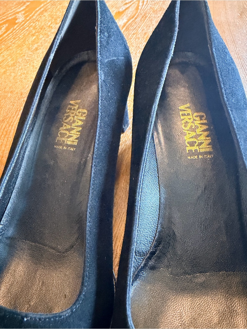 Versace Black Suede Heels with Gold Logo Bar
